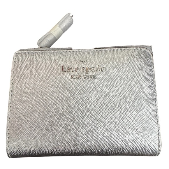 Kate Spade Glimmer Silver Metallic Saffiano Medium Compact Bifold Wallet - Picture 1 of 5